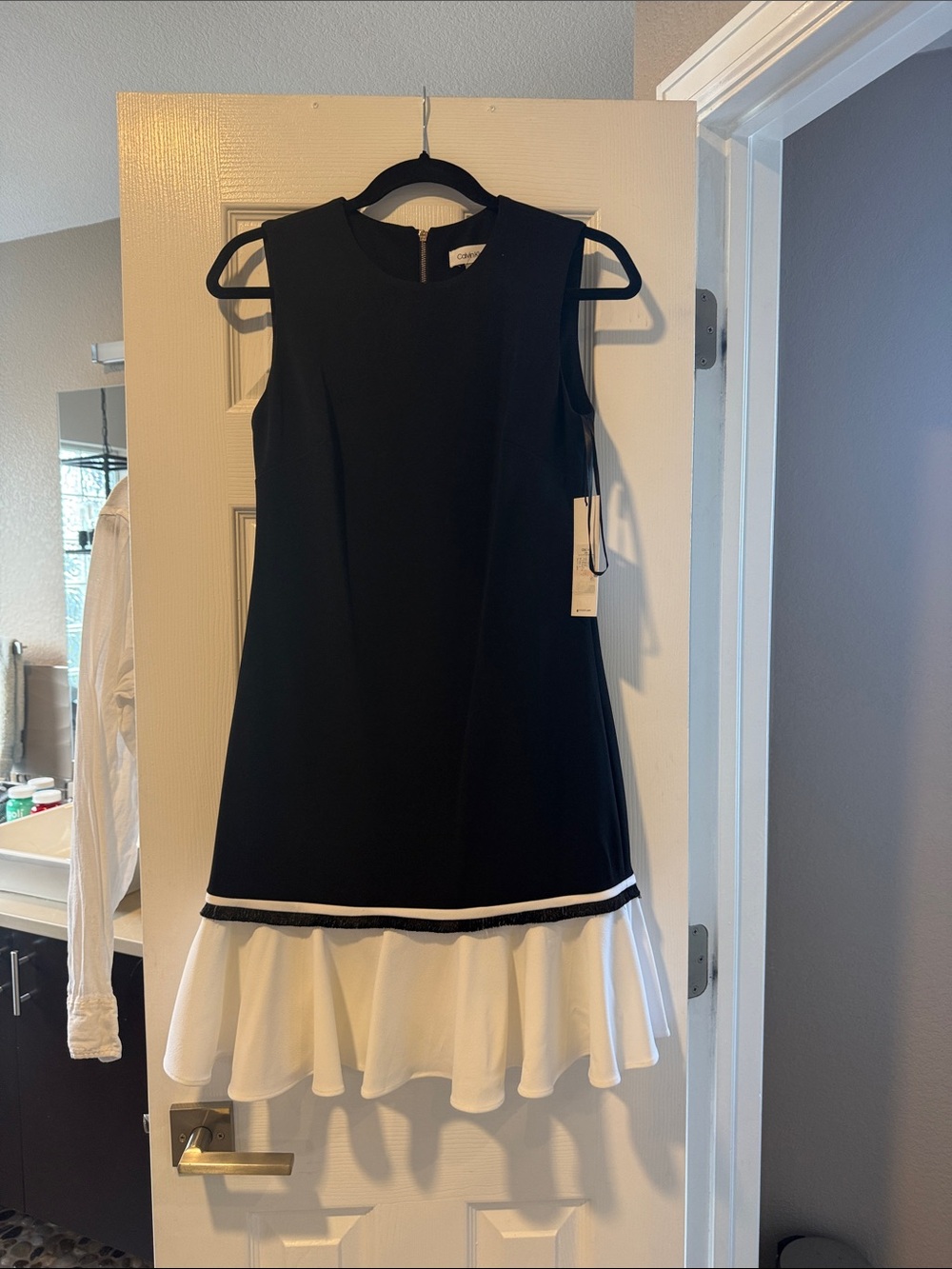 Calvin Klein Black Sleeveless Shift Dress with White Ruffle Hem